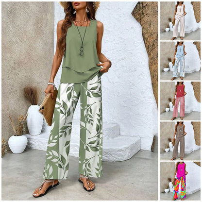 📢📢40% OFF !! ⏰Women’s Trendy Print 2-Piece Outfit – Sleeveless Top & Pants Combo!"