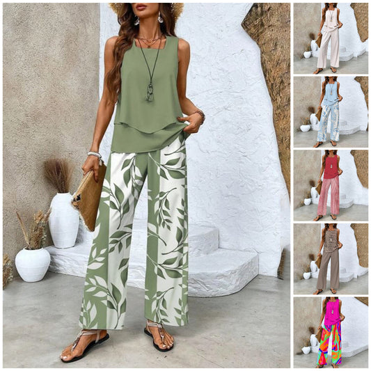 📢📢40% OFF !! ⏰Women’s Trendy Print 2-Piece Outfit – Sleeveless Top & Pants Combo!"