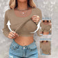📢60%  OFF !! ⏰Neck Built-in Bra Long Sleeve Ribbed Top Shirts Elegant Skinny Fit Fabric