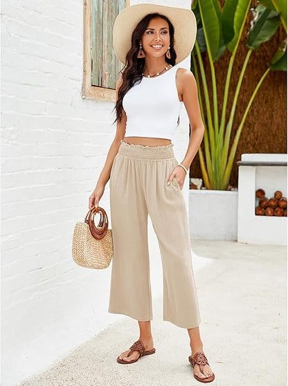 📢📢40% OFF !! ⏰Women's High Waisted Wide Leg Linen Elastic Smock Waist Capri Pants