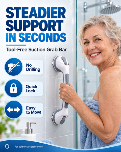 📢📢40% OFF !! ⏰ Suction Cup Grab Bar – Tool-Free No-Drill Install on Tile & Glass, Strong Vacuum Hold, Removable & Reusable – Extra Balance Support for Bathroom Safety 🔒