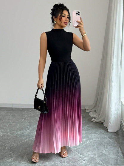📢📢40% OFF !! ⏰ Ombre Pleated Sleeveless Mock Neck Maxi Dress