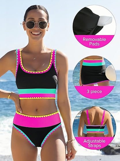 📢📢40% OFF !! ⏰Color Block Patchwork Nylon Sporty 3-Piece Bikini Set - High Waisted & Tummy Control Swimsuit👙🌈