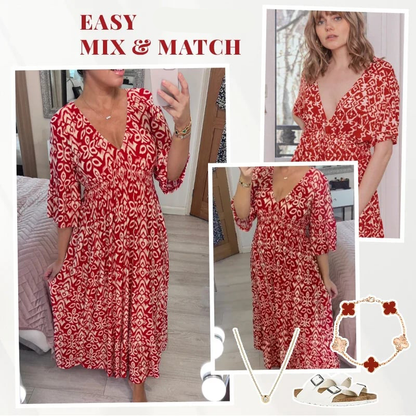 🔥Vacation Casual Print V-Neck Waist Wrap Long Dress