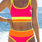 📢📢40% OFF !! ⏰Color Block Patchwork Nylon Sporty 3-Piece Bikini Set - High Waisted & Tummy Control Swimsuit👙🌈