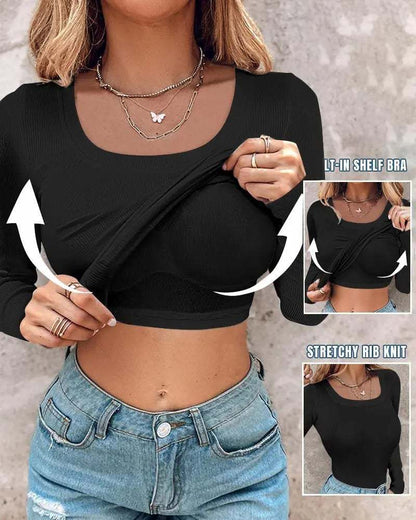 📢60%  OFF !! ⏰Neck Built-in Bra Long Sleeve Ribbed Top Shirts Elegant Skinny Fit Fabric