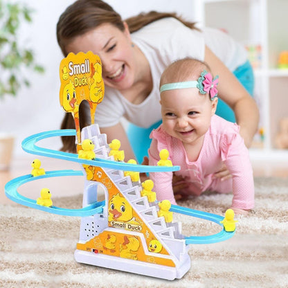 📢📢40% OFF !! ⏰ Little Duck Climbing Stair Toy – Musical Lights, Automatic Climbing & Endless Toddler Fun 🦆🎵