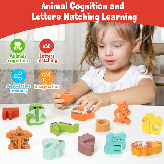 📢📢40% OFF !! ⏰ Wooden Letter & Animal Toy – 26‑piece, educational & fun ✨