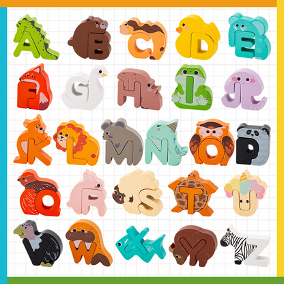 📢📢40% OFF !! ⏰ Wooden Letter & Animal Toy – 26‑piece, educational & fun ✨