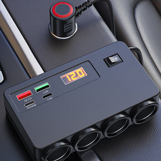 📢📢60%  OFF !! ⏰120W Car Charger Adapter – 4 USB Ports (PD 30W + QC 3.0) + 3 Sockets, Real-Time Voltage Display! 🚗⚡