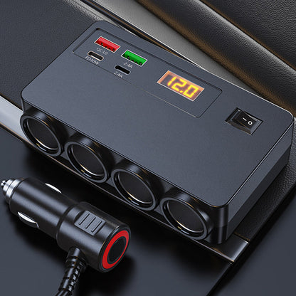 📢📢60%  OFF !! ⏰120W Car Charger Adapter – 4 USB Ports (PD 30W + QC 3.0) + 3 Sockets, Real-Time Voltage Display! 🚗⚡