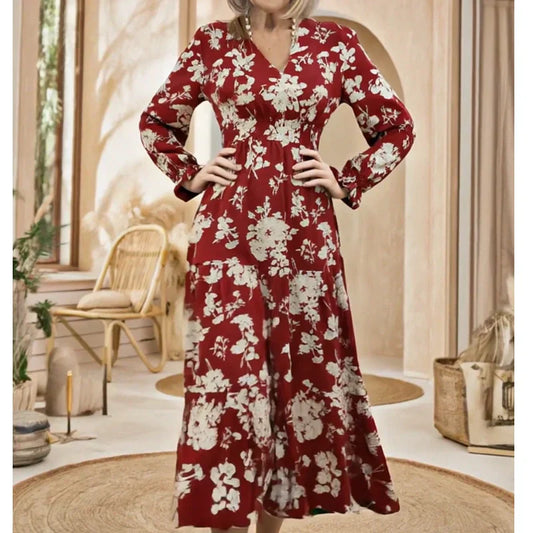 📢📢60%  OFF !! ⏰V-Neck Waist-Cinched Floral Printed Tiered Maxi Dress With Long Sleeves