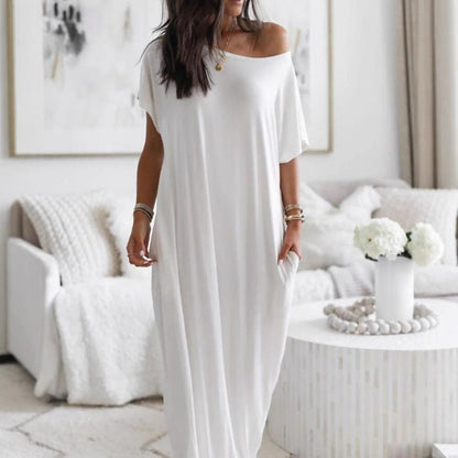 📢📢60%  OFF !! ⏰Women's Summer Casual Loose Solid Color Short-Sleeve Long Dress