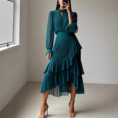 📢📢50% OFF !!!⏰Women's Keyhole Neckline Ruffled Midi Dress