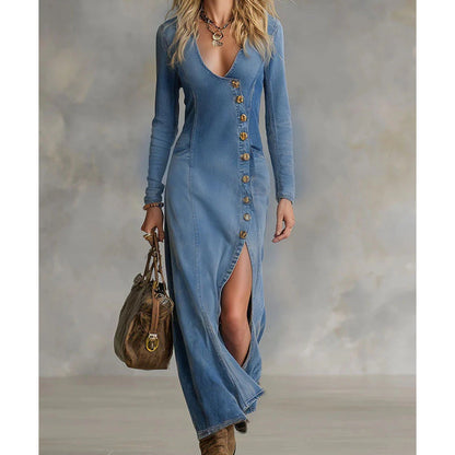 👗50% OFF!🔥 Women's Long Sleeve V-Neck Maxi Dress – Soft Fabric, Bodycon Fit & Elegant High Slit 💫💃