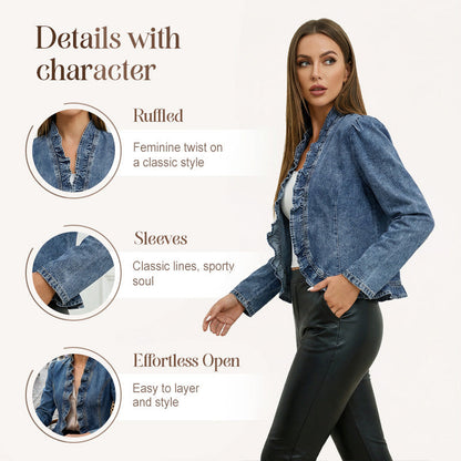 🧥 40% OFF NOW! 🌸 Women's Ruffle Trim Open-Front Denim Jacket – Lightweight & Feminine – Versatile & Chic 👗