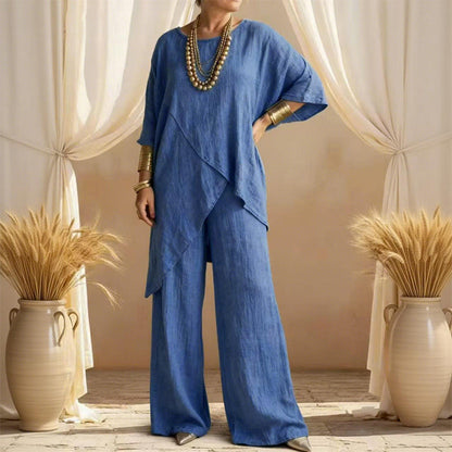 📢📢50% OFF !!!⏰ Women's Two-Piece Loose Fit Outfit – Asymmetrical Top + Wide-Leg Pants, Lightweight & Wrinkle-Resistant 🌸🌿