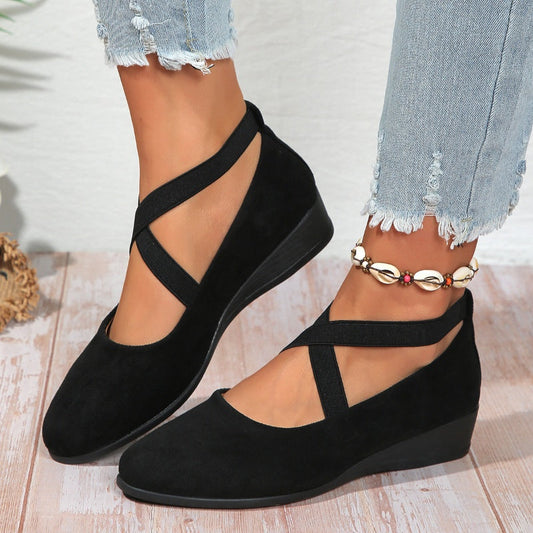 📢📢Big Sale Now On!⏰Elegant Solid Color Elastic Strap Low Wedge Shoes