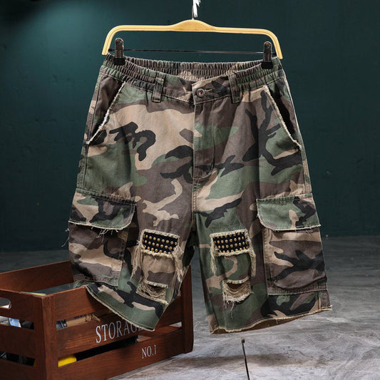 📢📢30% OFF ⏰💡Designed in the USA💡Men's Studded Camo Cargo Shorts – Ripped Design, Gold Stud Accents & Multi-Pocket Utility