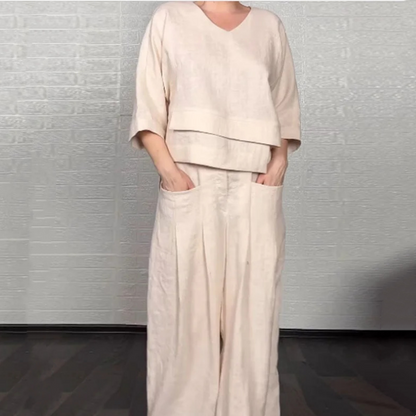 📢📢Limited Spring Edition⏰💡Designed in the USA💡 Irregular Hem Cotton Linen Set – Flowy Top & Wide-Leg Pants ✨