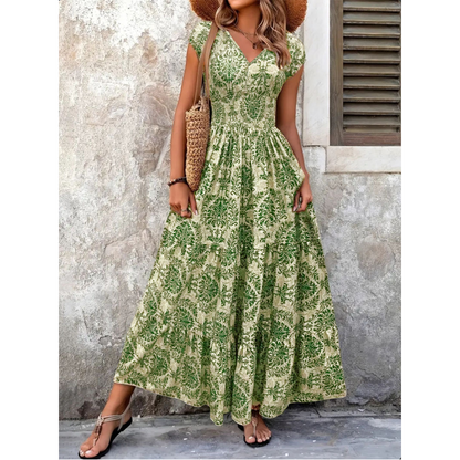 📢📢40% OFF !! ⏰Women's V-Neck Floral Print Smocked Maxi Dress