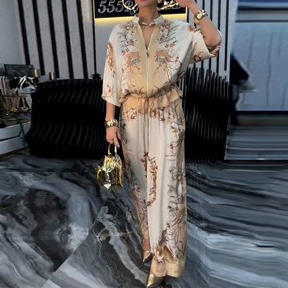 📢📢50% OFF ⏰Printed Zipper Top & Wide-Leg Pants 2-Piece Set