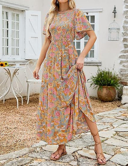 📢📢40% OFF !! ⏰2026 Women's Casual Floral Print Short Flutter Sleeve Smocked High Waist Flowy Maxi Dress