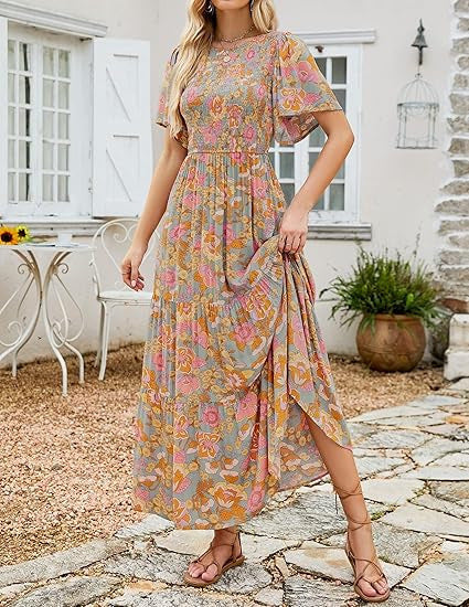 📢📢40% OFF !! ⏰2026 Women's Casual Floral Print Short Flutter Sleeve Smocked High Waist Flowy Maxi Dress
