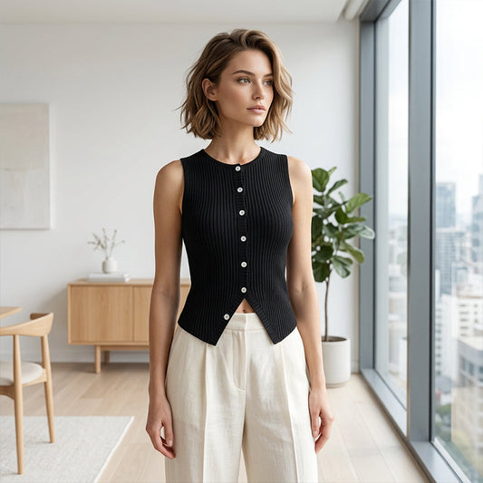 📢📢40% OFF ⏰💡Designed in the USA💡Women's Ribbed Knit Button-Front Sleeveless Vest
