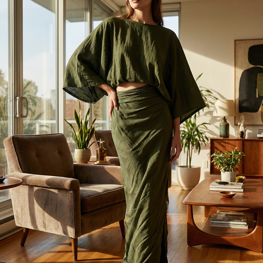 📢📢40% OFF !!!⏰ Elegant Batwing Sleeve Top & Ruched Skirt Set