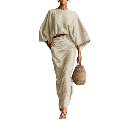 📢📢40% OFF !!!⏰ Elegant Batwing Sleeve Top & Ruched Skirt Set