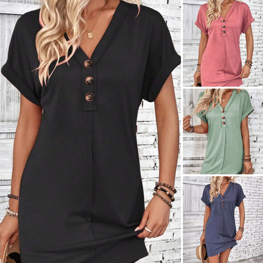 📢📢40% OFF !! ⏰Women's Fashion V-Neck Button Dress – Timeless Solid Colors, Soft Fabric & Rolled Sleeves 🌸