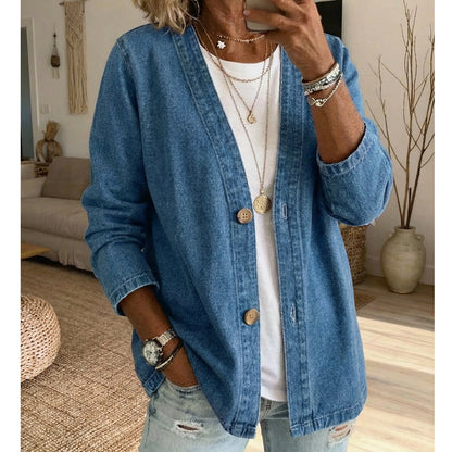 📢📢35% OFF !! ⏰  Women's Classic Button Front Denim Jacket – V-Neck, Breathable Fabric & Relaxed Fit 💙