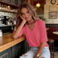 📢📢40% OFF !!!⏰Women's V-Neck Cuffed Sleeve Ribbed T-Shirt