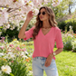📢📢40% OFF !!!⏰Women's V-Neck Cuffed Sleeve Ribbed T-Shirt