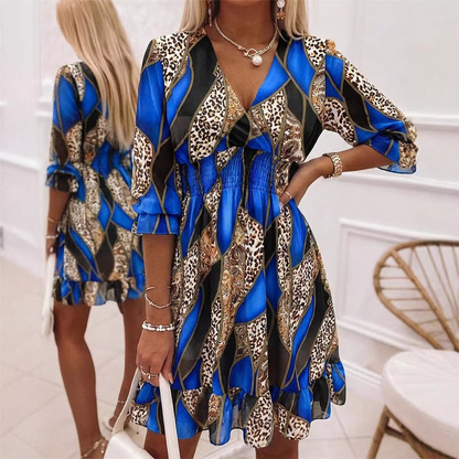 📢📢40% OFF !! ⏰Floral V-Neck A-Line Dress – Smocked Waist, Ruffled Hem, Summer Ready 🌸