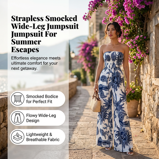 📢📢40% OFF !! ⏰Strapless Smocked Wide-Leg Jumpsuit