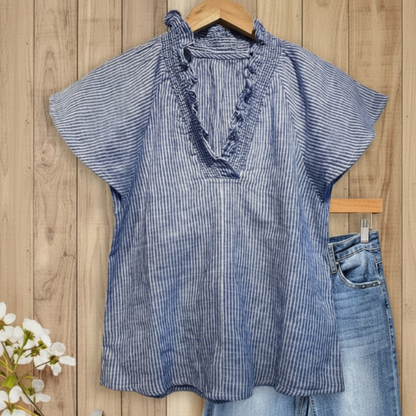 📢📢30% OFF !! ⏰Women's Striped Ruffle Cap Sleeve V-Neck Top