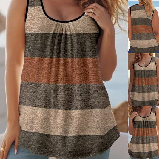 📢📢40% OFF !! ⏰Women's Color Block Striped Tank Top Ruched Neck Sleeveless Tops