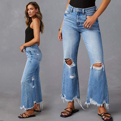 👖 50% OFF NOW! ✨ Women's High-Waisted Ripped Flare Jeans – Distressed Detailing, Cropped Flare Leg & Premium Stretch Denim 💙