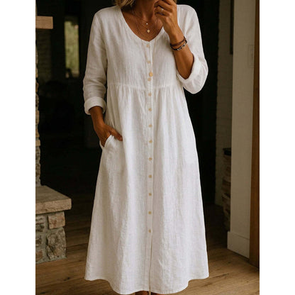 📢📢30% OFF !! ⏰Women's Casual V-Neck Button-Down Linen Midi Dress