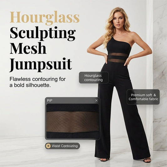 📢📢30% OFF !! ⏰One-Shoulder Mesh Panel Wide-Leg Jumpsuit