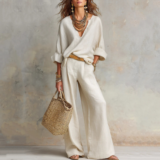 📢📢30% OFF !! ⏰Women's V-Neck Top & Wide-Leg Pants 2-Piece Set