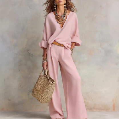 📢📢30% OFF !! ⏰Women's V-Neck Top & Wide-Leg Pants 2-Piece Set