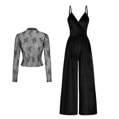 📢📢40% OFF !! ⏰2-Piece Velvet Jumpsuit & Lace Top Set