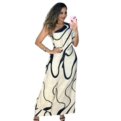 📢📢30% OFF !! ⏰Women's Abstract Print One-Shoulder Maxi Dress