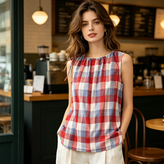 Women's Plaid Tie-Shoulder Sleeveless Top