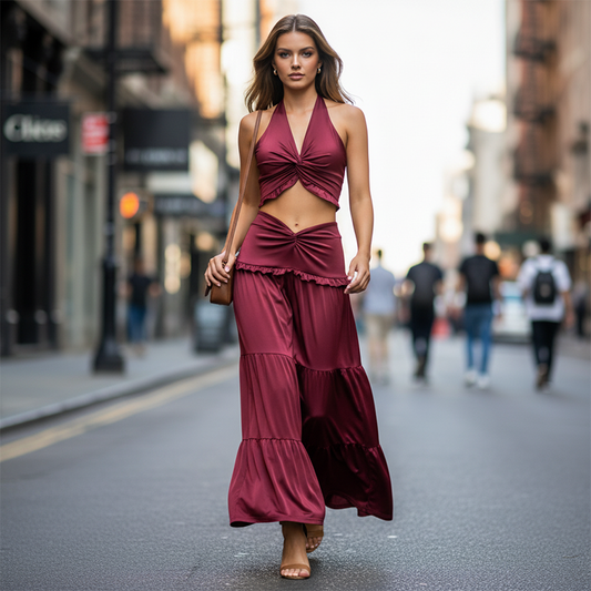 📢📢40% OFF !! ⏰Halter Neck Crop Top & Maxi Skirt Two-Piece Set