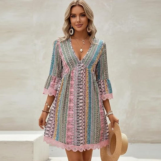 📢📢40% OFF !! ⏰Women's Bohemian Print V-Neck Mini Dress