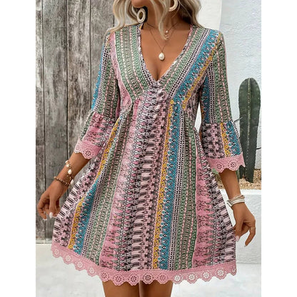📢📢40% OFF !! ⏰Women's Bohemian Print V-Neck Mini Dress